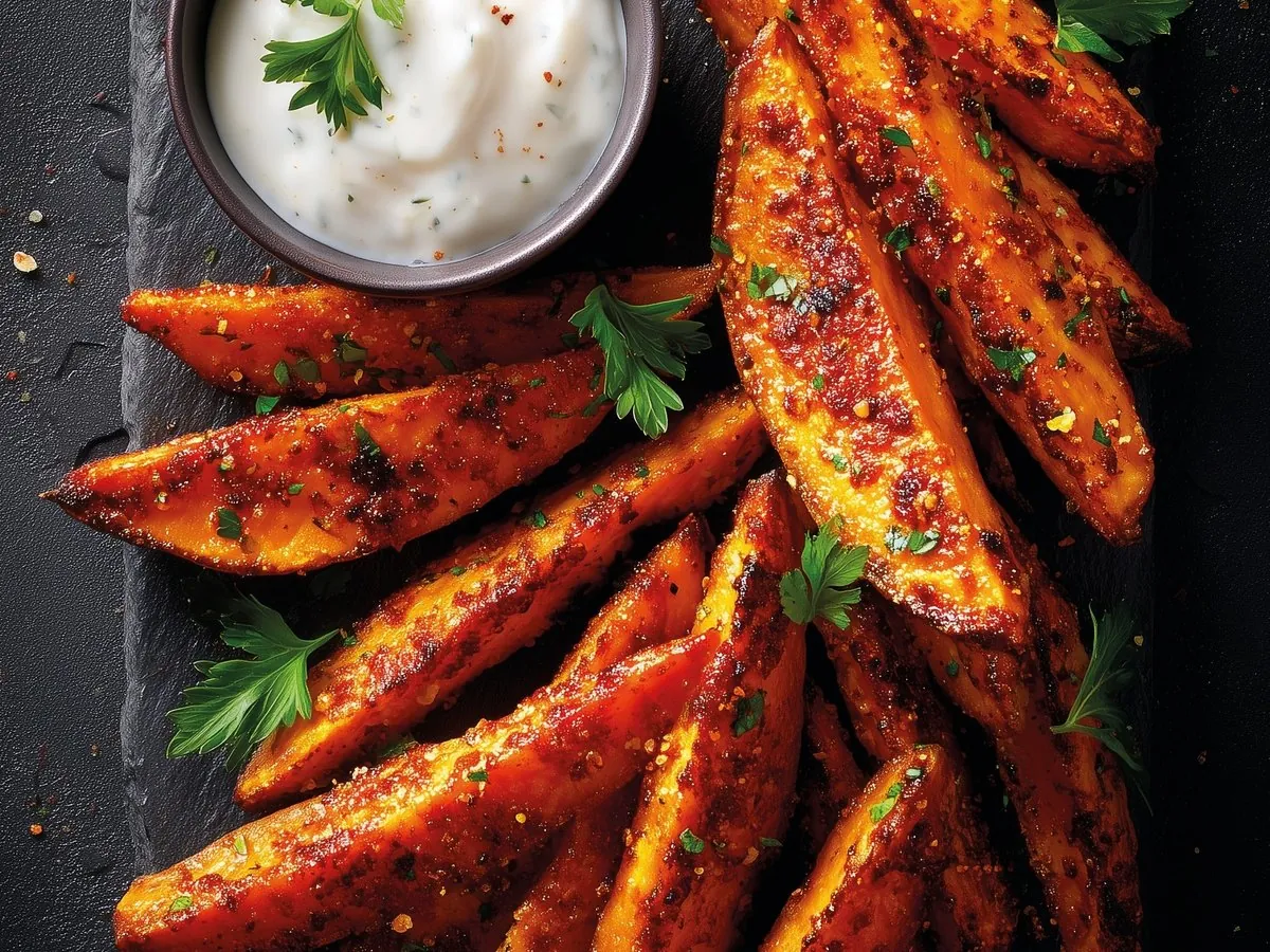 Süßkartoffel-Wedges mit Kräuter-Dip